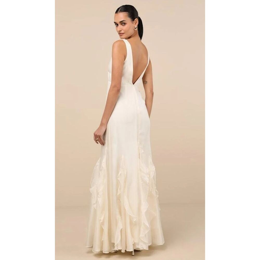 NWT Lulus Deluca Ivory Satin Sleeveless Ruffled V-Neck Wedding Maxi Dress Gown M - Picture 2 of 14